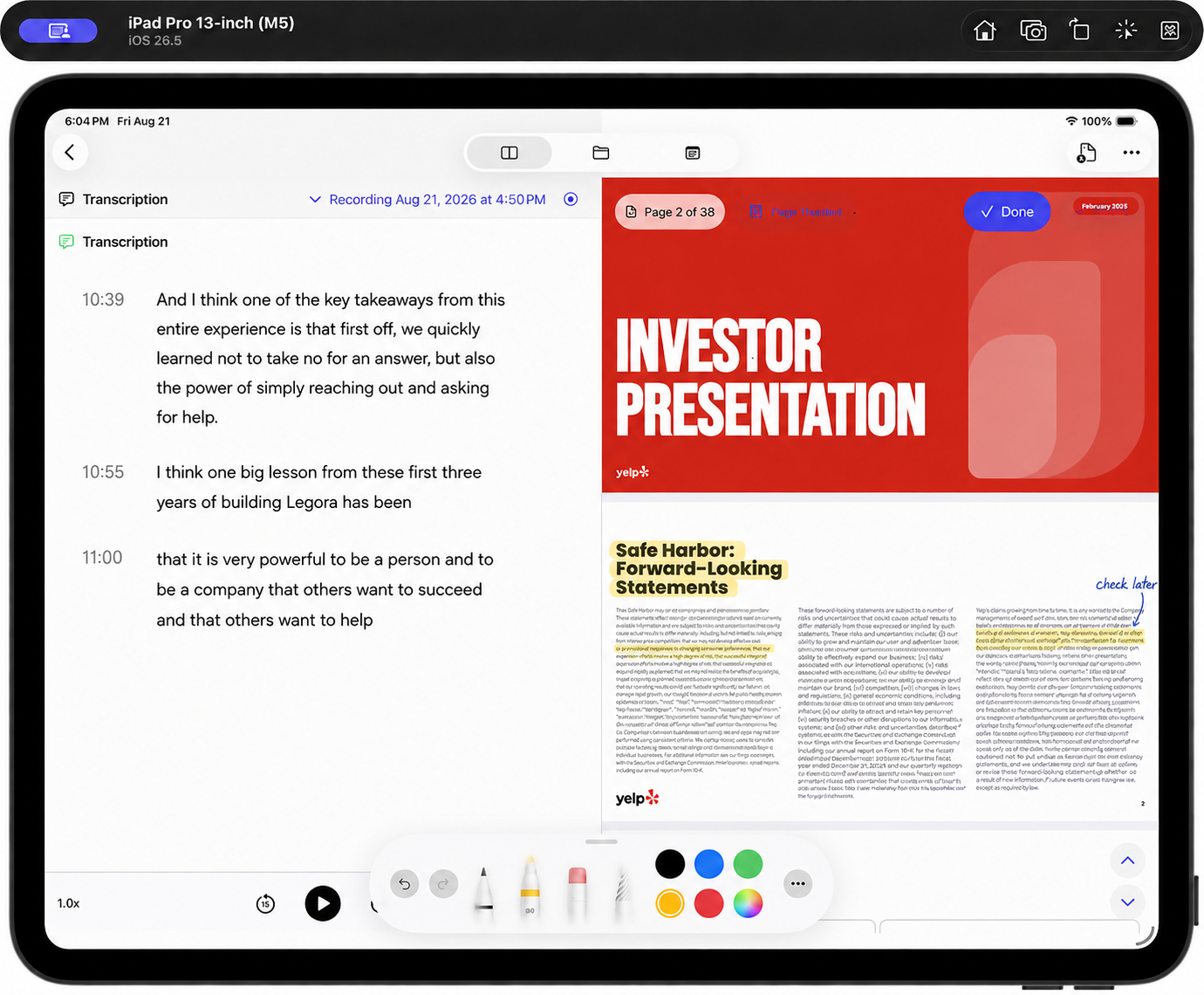 Clearly on iPad with the transcript on the left and an imported PDF with highlighted passages and a handwritten note on the right