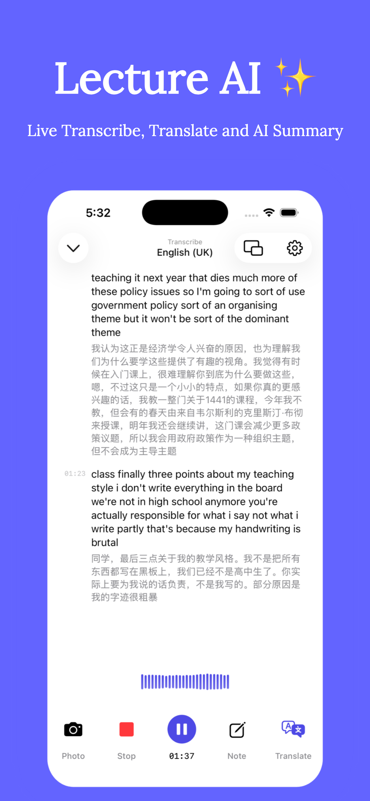 Clearly live-transcribing and translating a lecture in real time