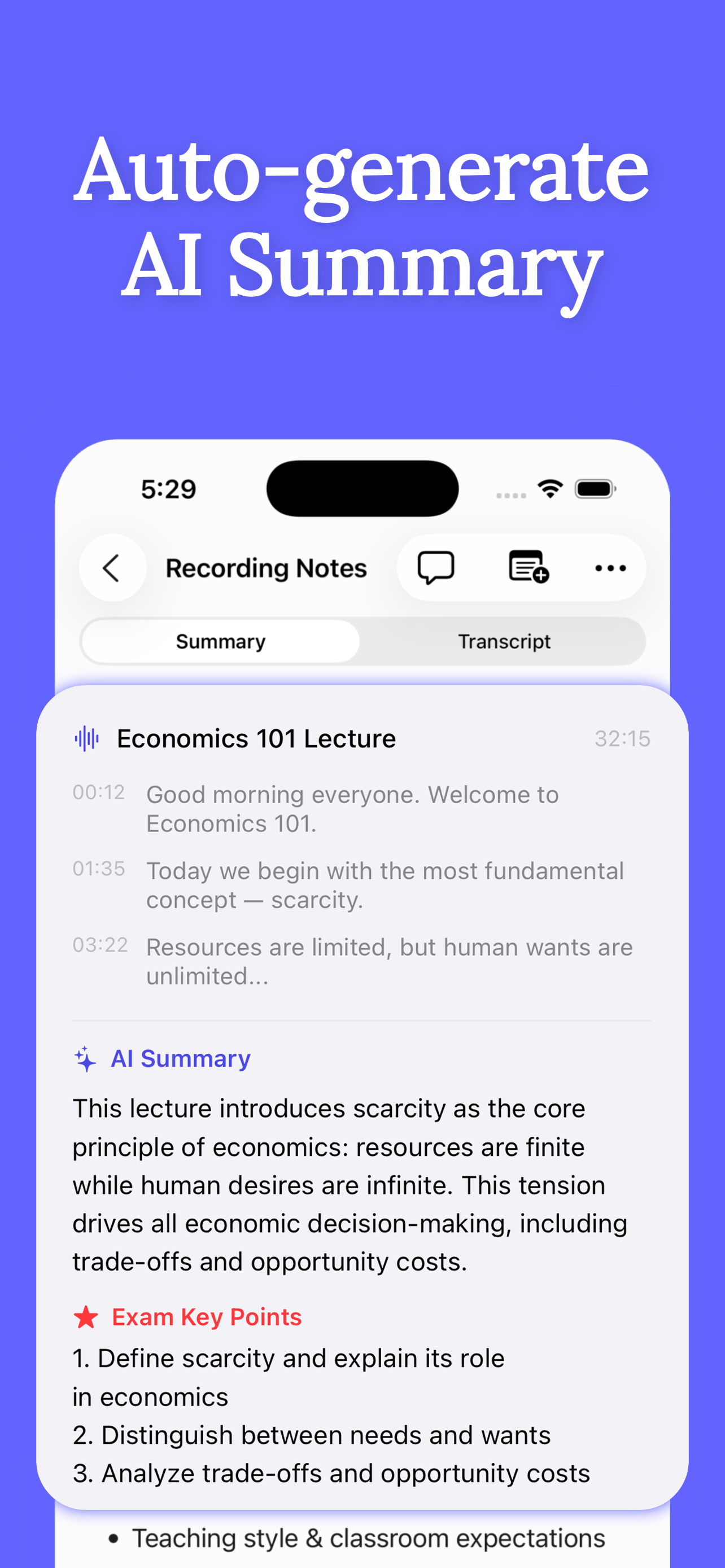 A Clearly recording with timestamped transcript and auto-generated AI summary